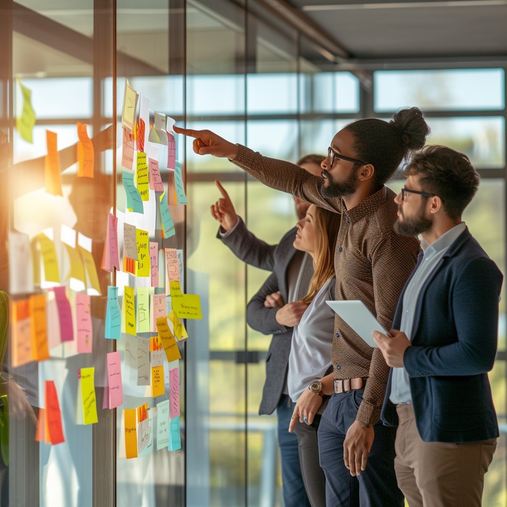Marketing team reviewing colorful sticky notes on a glass wall while mapping the buyer journey